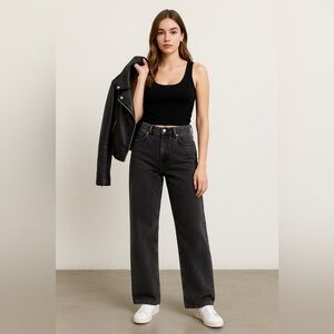 JFORJUSTIFY Black Wide Leg Jeans L with Pink Bow Embroidery Pockets VintageStyle